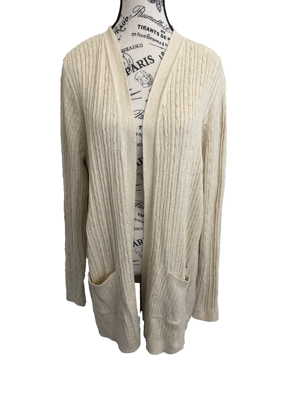 Kim Rogers Long Open Front Cardigan Sweater Large Ivory Ribbed Pockets